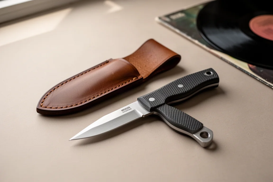 Un pequeño cuchillo de hoja fija con funda de cuero apoyado en una funda de vinilo