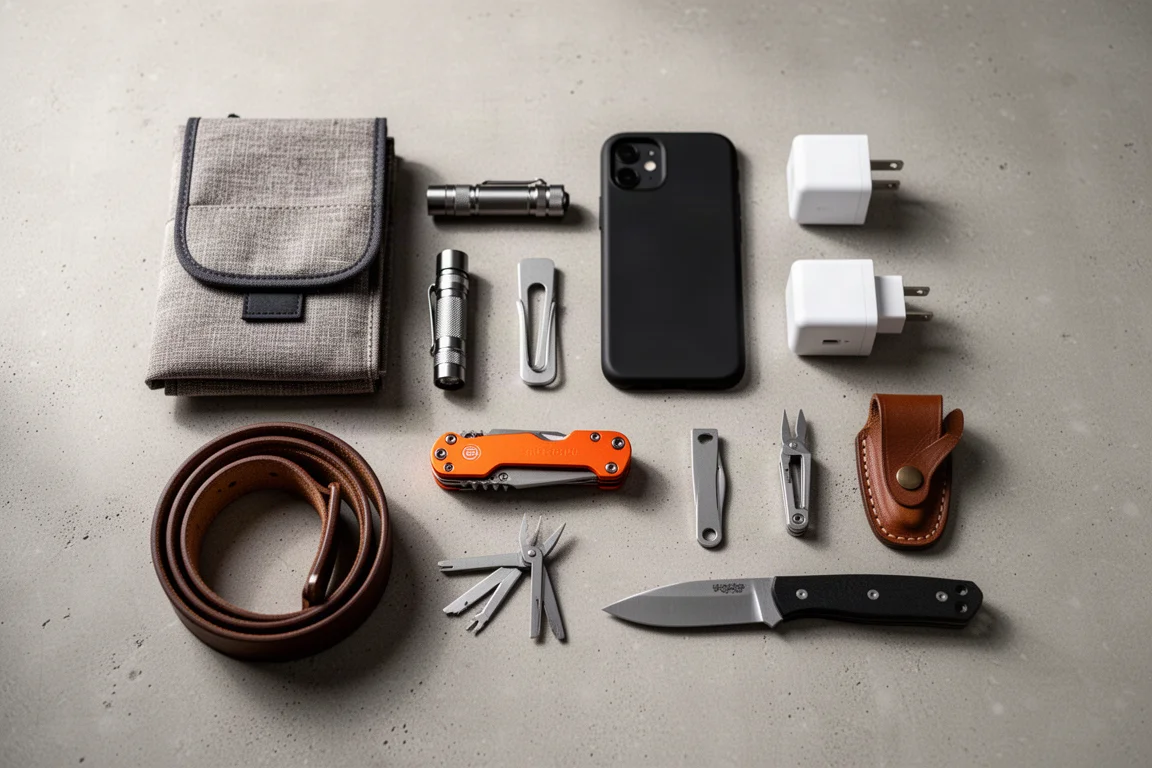 Rozłożone na płasko dziewięć upominków typu everyday carry ułożonych na betonowej powierzchni