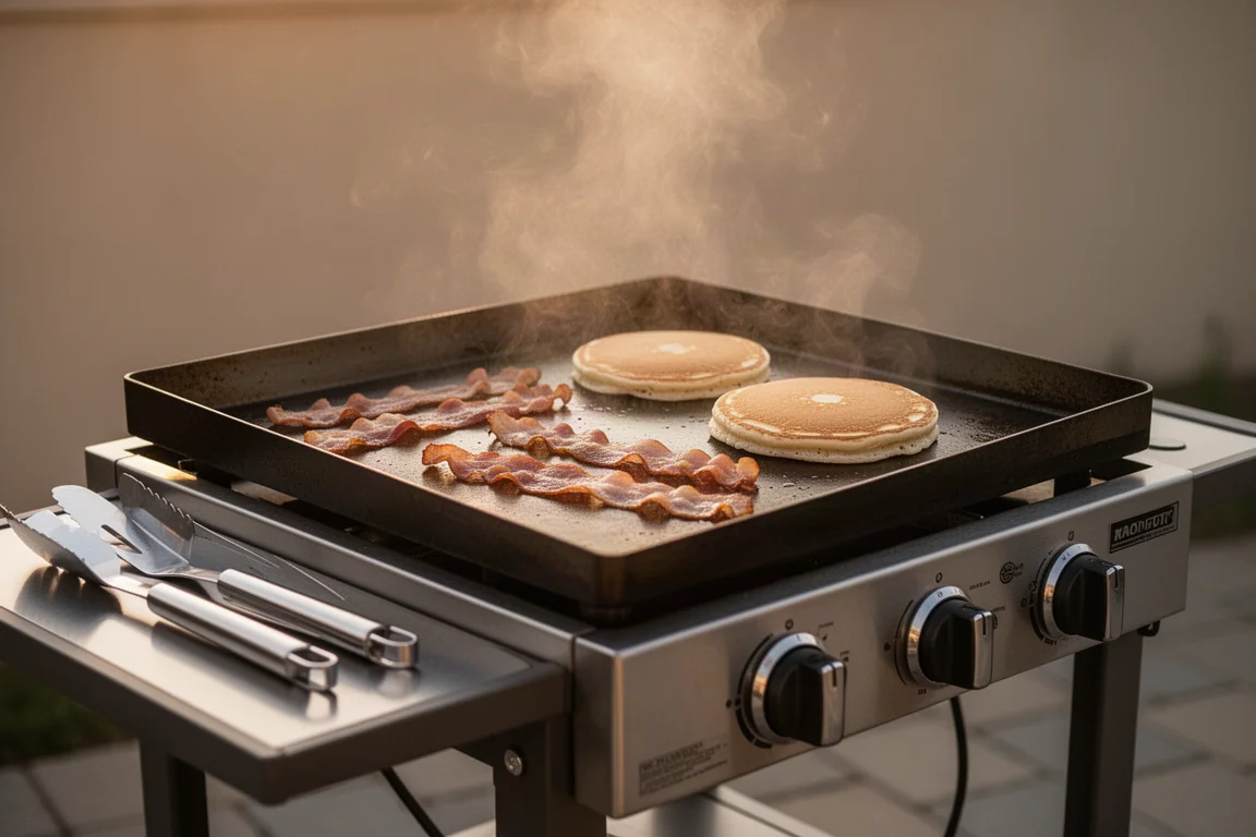Flacher Griddle bereitet draußen das Frühstück zu, Dampf steigt auf