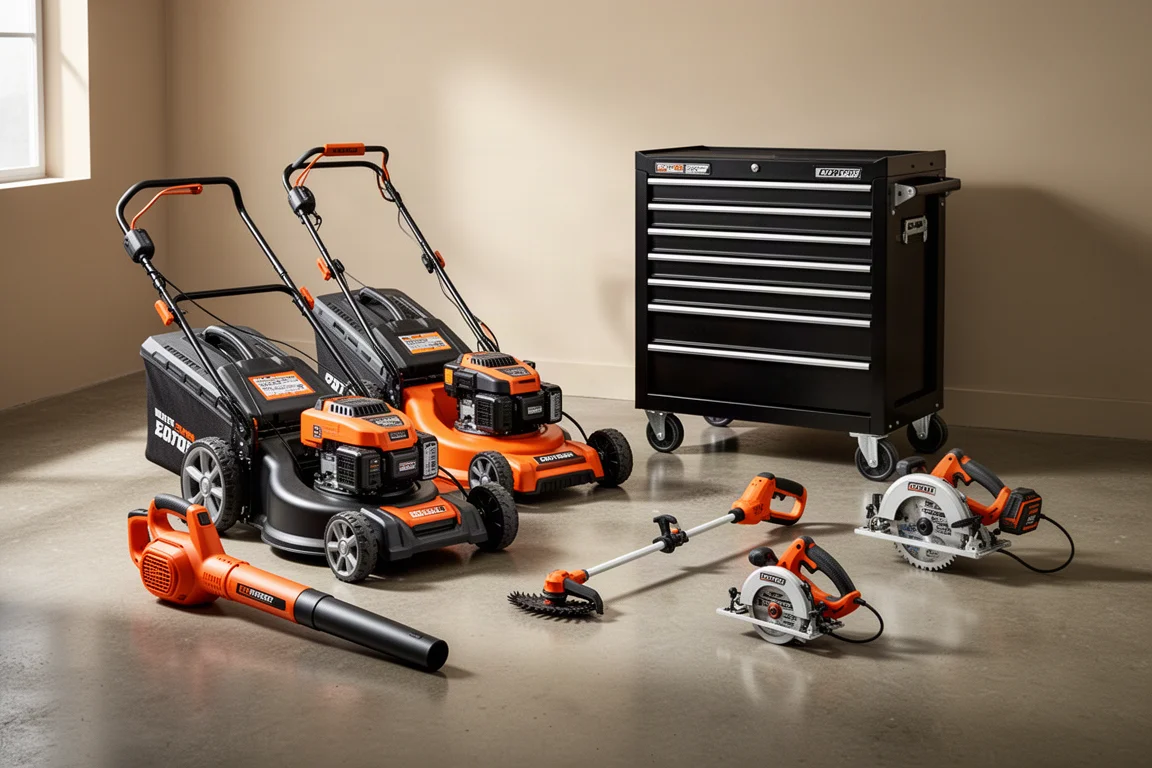 Lawn mower, leaf blower, trimmer, circular saw, and rolling tool cabinet arranged on a concrete garage floor