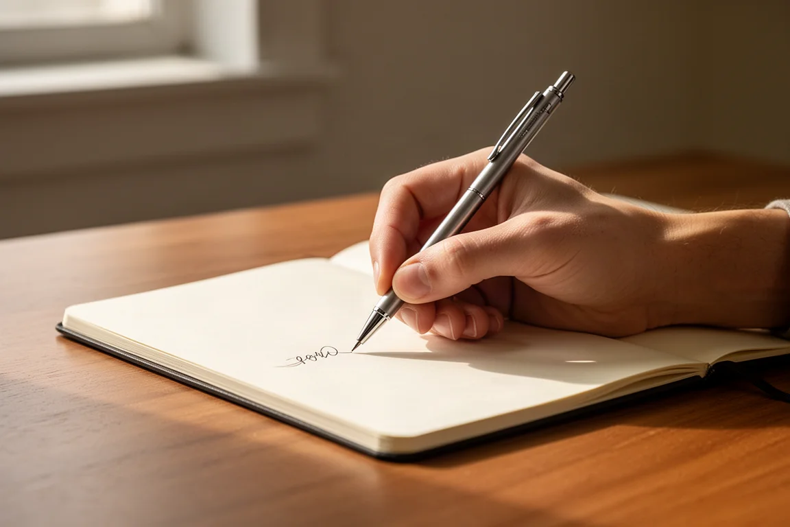 Mano escribiendo con un portaminas sobre papel bajo una luz suave de escritorio
