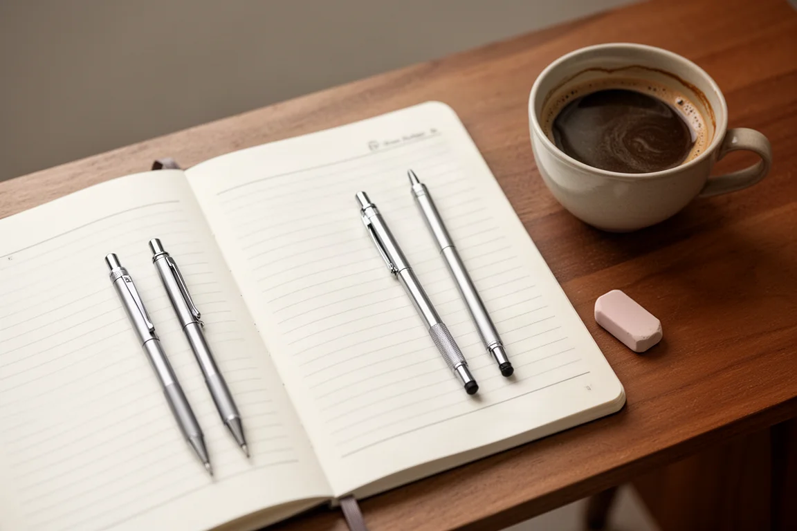 Vista cenital de un escritorio de estudio con cuadernos y portaminas