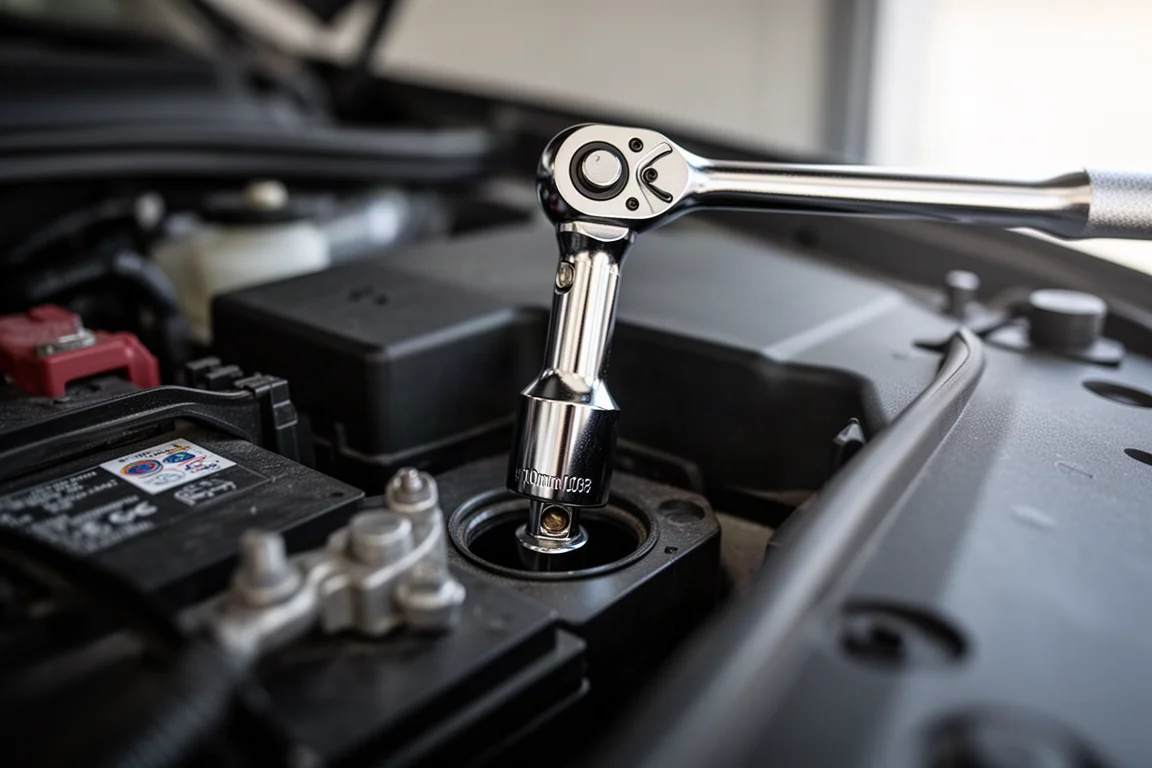 Lange flache 10mm-Nuss wird in einen vertieften Batterieklemmenbolzen abgesenkt