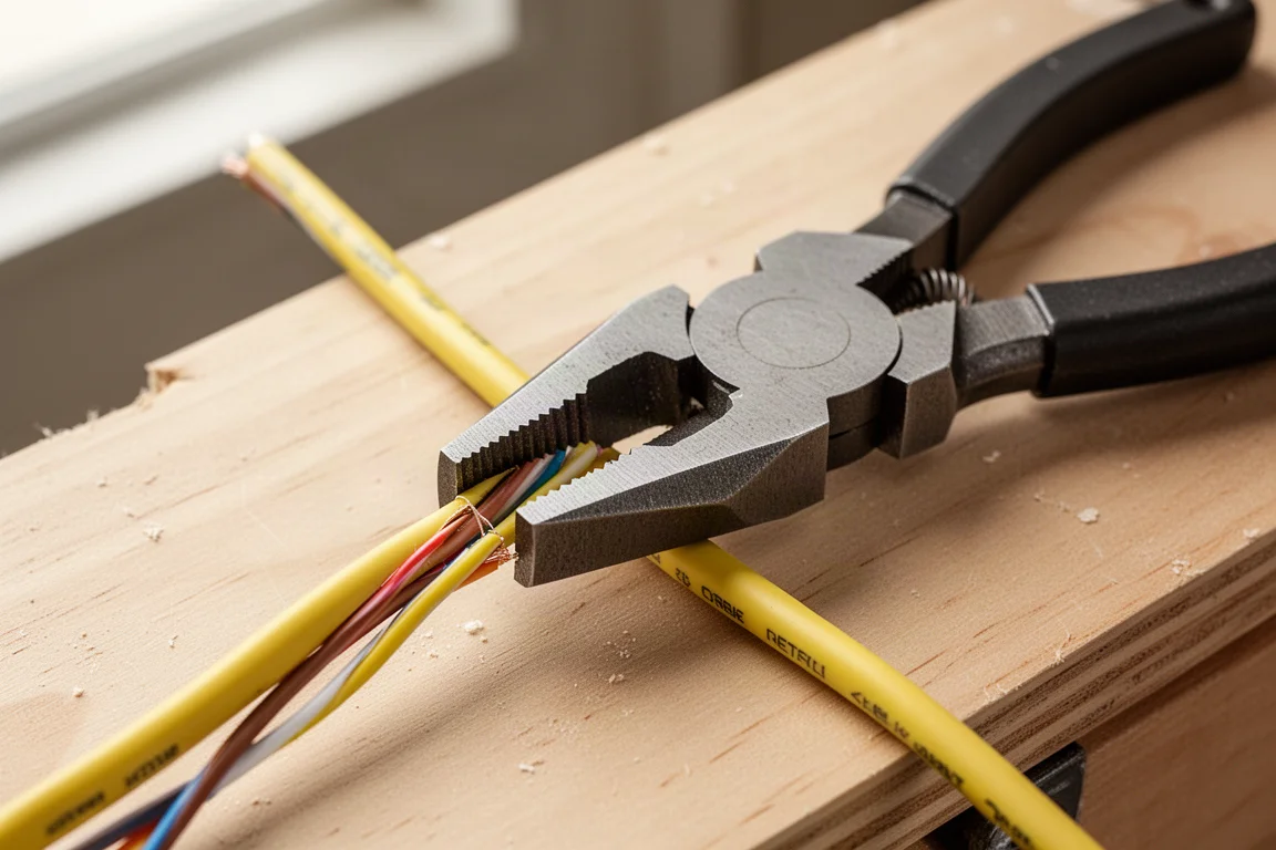 Elektrikerzange schneidet und entfernt die Ummantelung eines Romex-Kabels