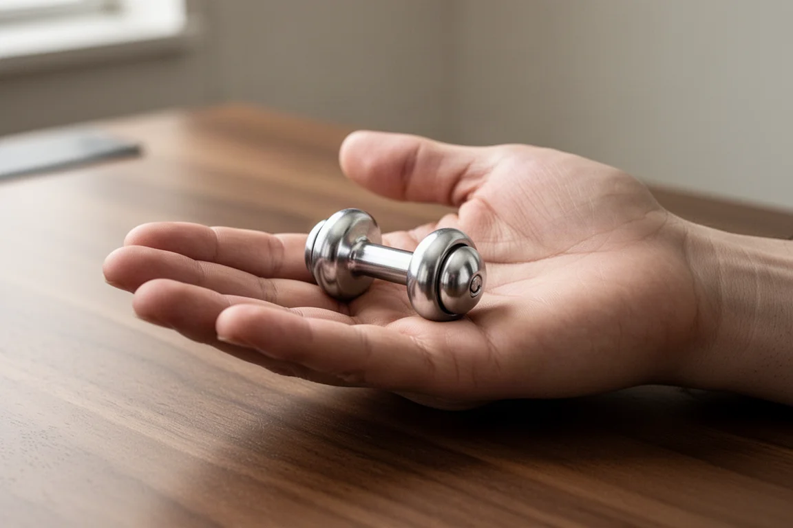 Aluminiowy roller antystresowy leżący na otwartej dłoni na drewnianym biurku