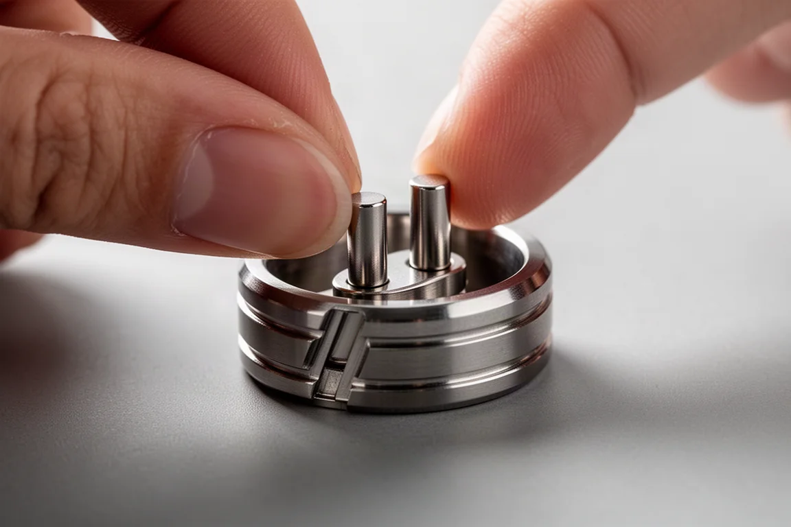 Opuszki palców regulujące małe magnesy wewnątrz spinner'a w kształcie pierścienia ze stali nierdzewnej