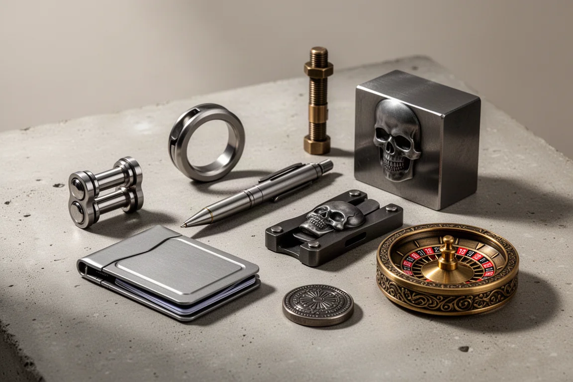 Collection of premium fidget gadgets arranged on a concrete surface