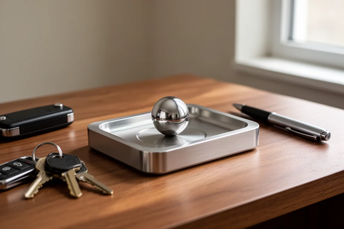 Metalen bureaublad met een stalen bal in het magnetische midden, op een houten bureau