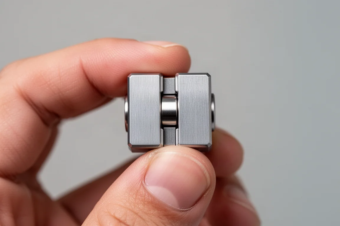 Compacte, vierkante metalen slider tussen twee vingers vastgehouden