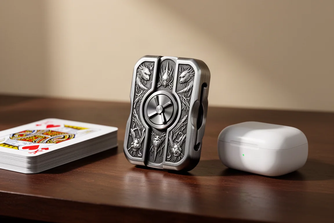 Fors metalen slider met gegraveerde fantasy-achtige graphics naast een pakje speelkaarten