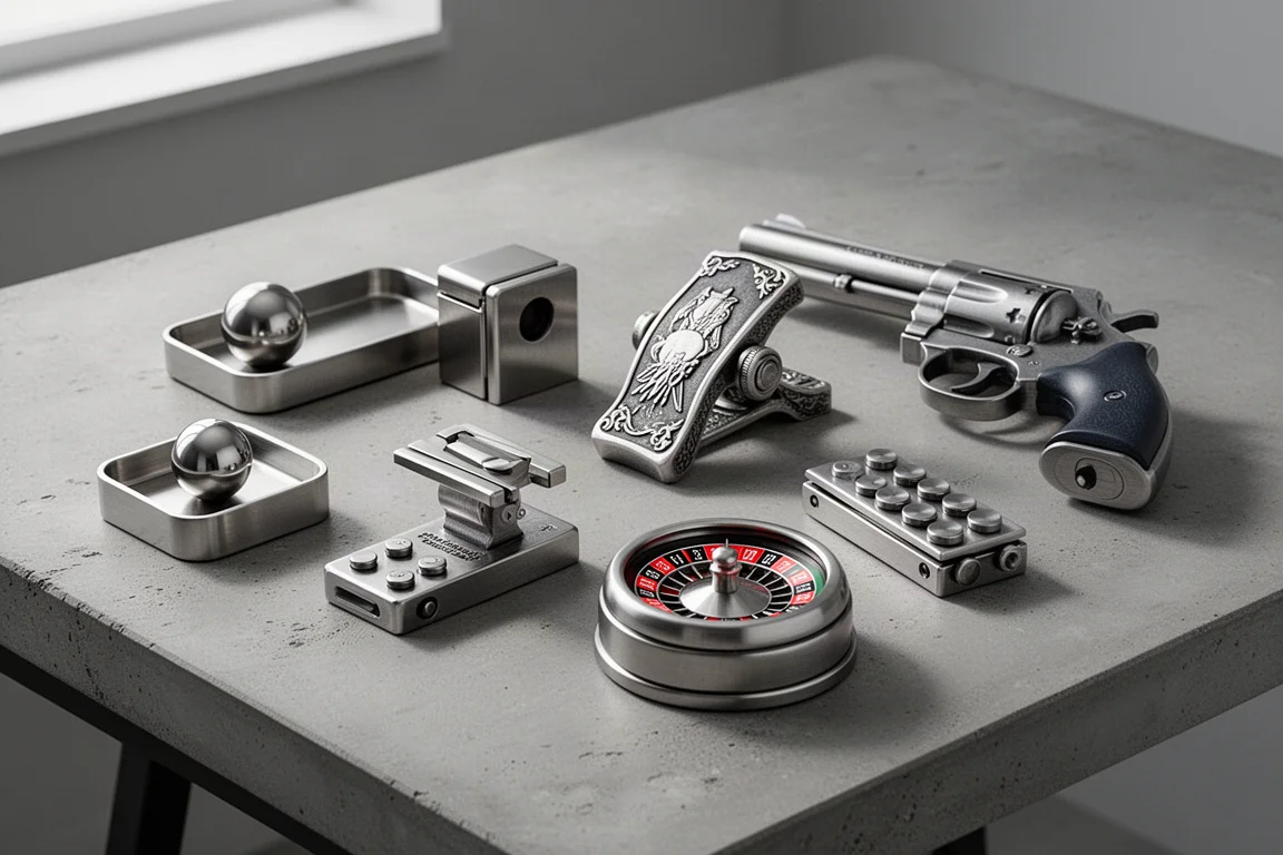 Sammlung von sechs Premium-Metall-Fidget-Toys, arrangiert auf einer Betonschreibtischplatte
