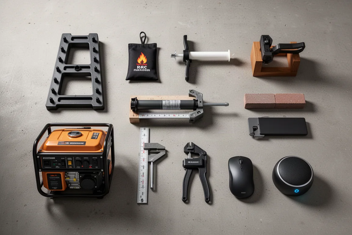 Flat-lay of ten hardware tools and accessories on a concrete workshop surface