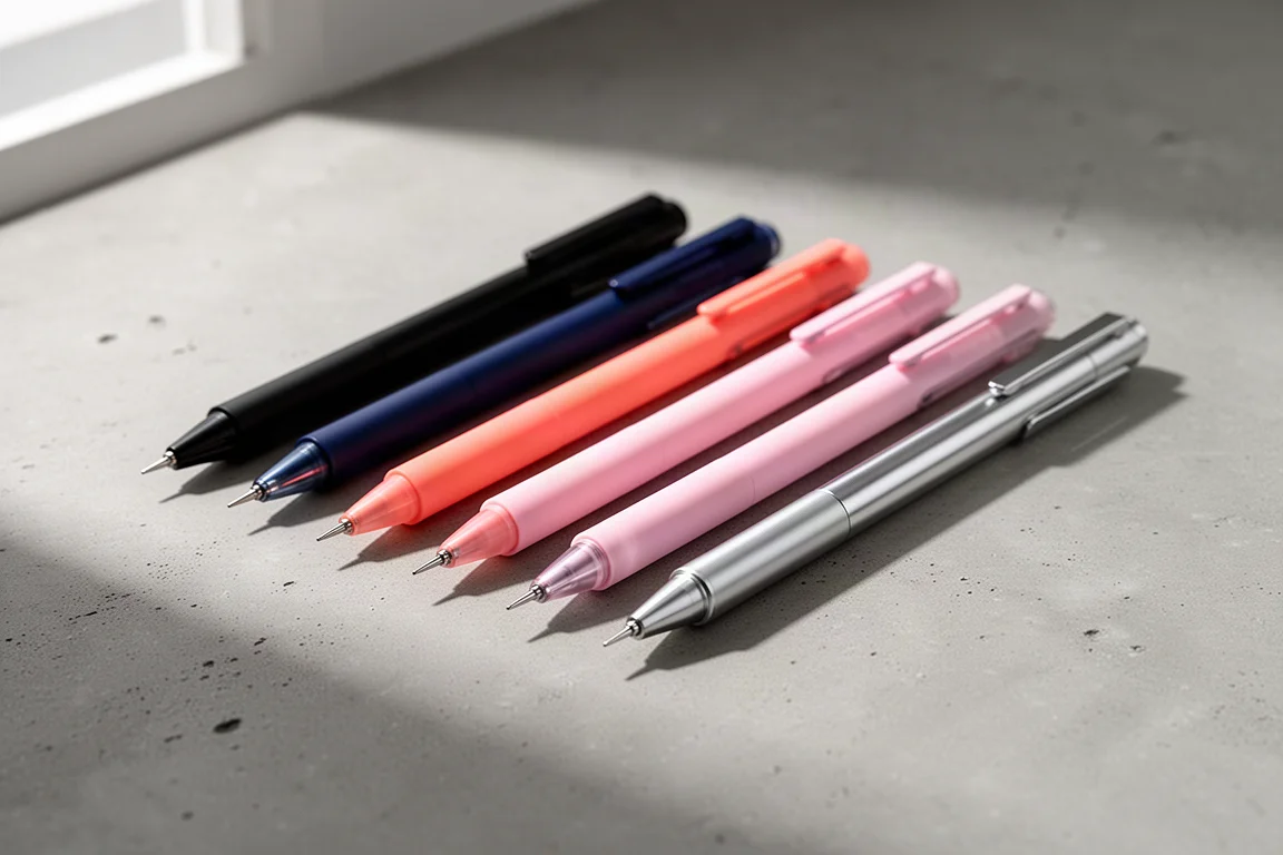 Row of nine fine-tip gel pens in varied barrel colors on a concrete surface