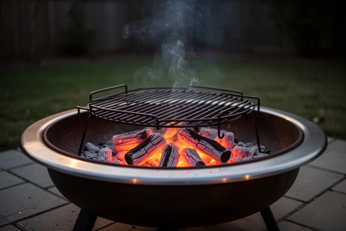 Fire pit with adjustable cooking grate at dusk with glowing coals