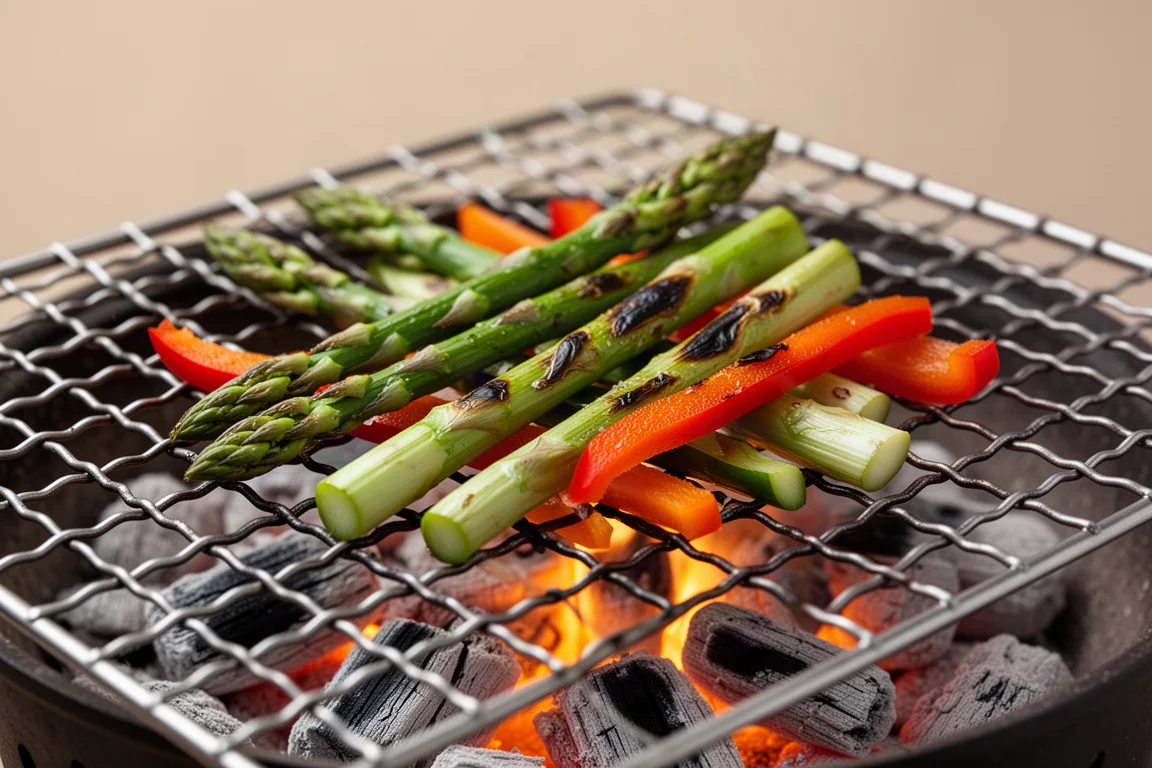 Crosshatch grill grate holding sliced vegetables over open fire