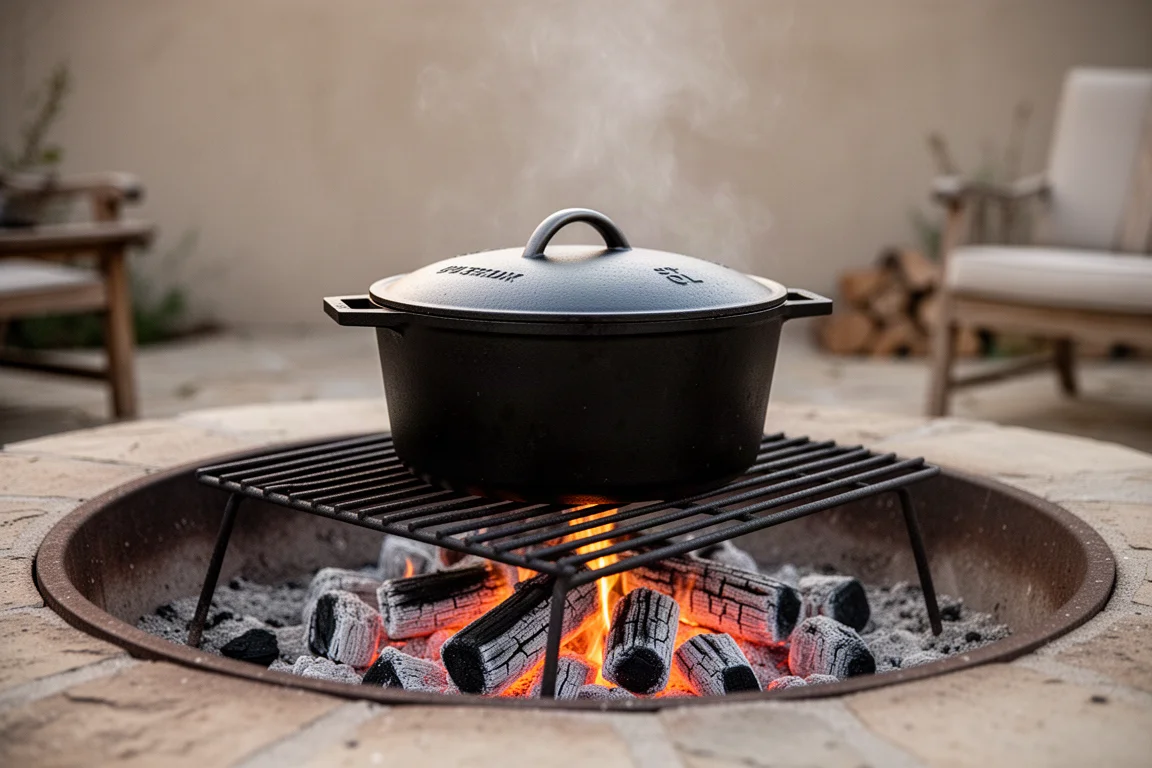 Heavy cast iron dutch oven of chili cooking over a fire pit
