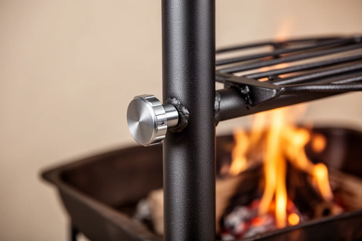 Adjustable fire pit grate knob being turned to change cooking height