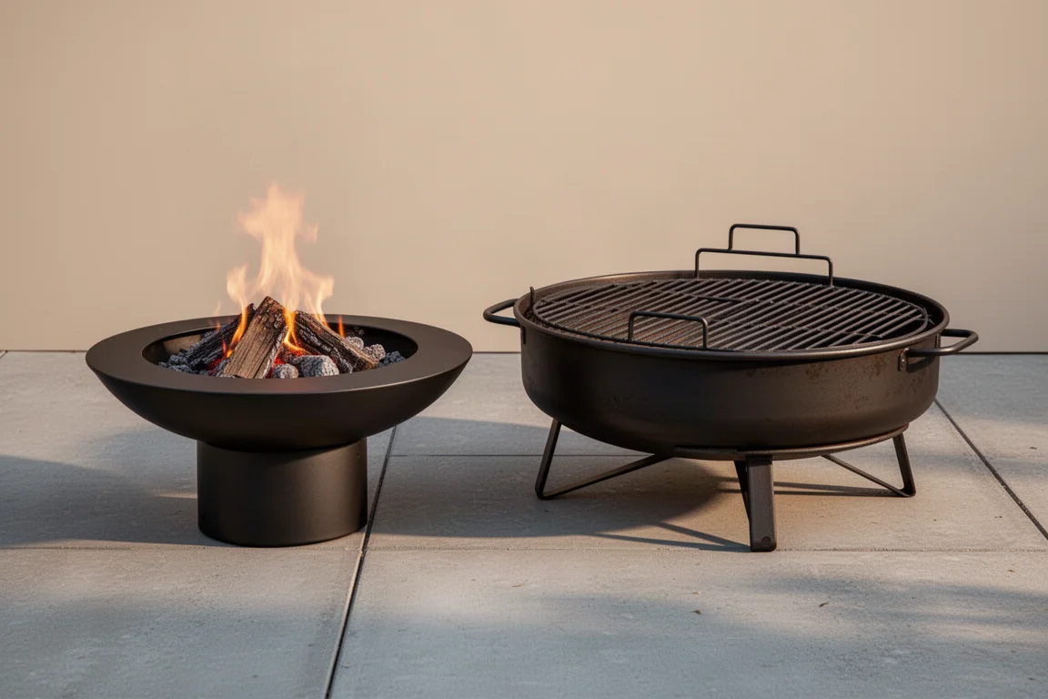Two fire pit grills side by side on a concrete patio surface