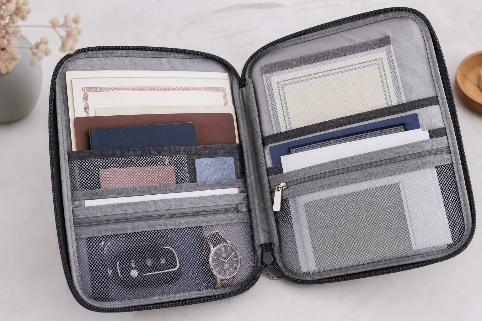 Innenansicht einer feuerfesten Tasche mit organisierten Netztaschen und verstauten Dokumenten