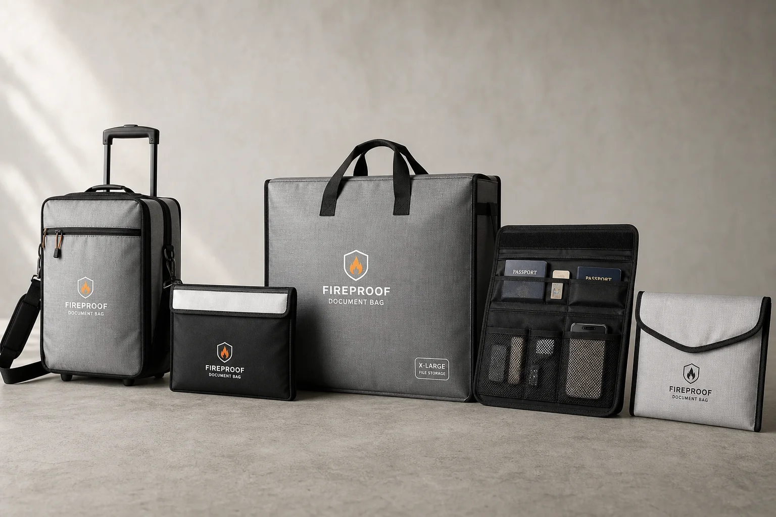 Five fireproof document bags in varying sizes arranged on concrete surface
