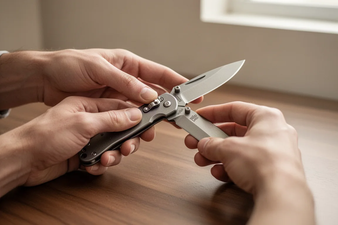 Hände öffnen ein Klappmesser auf einem Holzschreibtisch