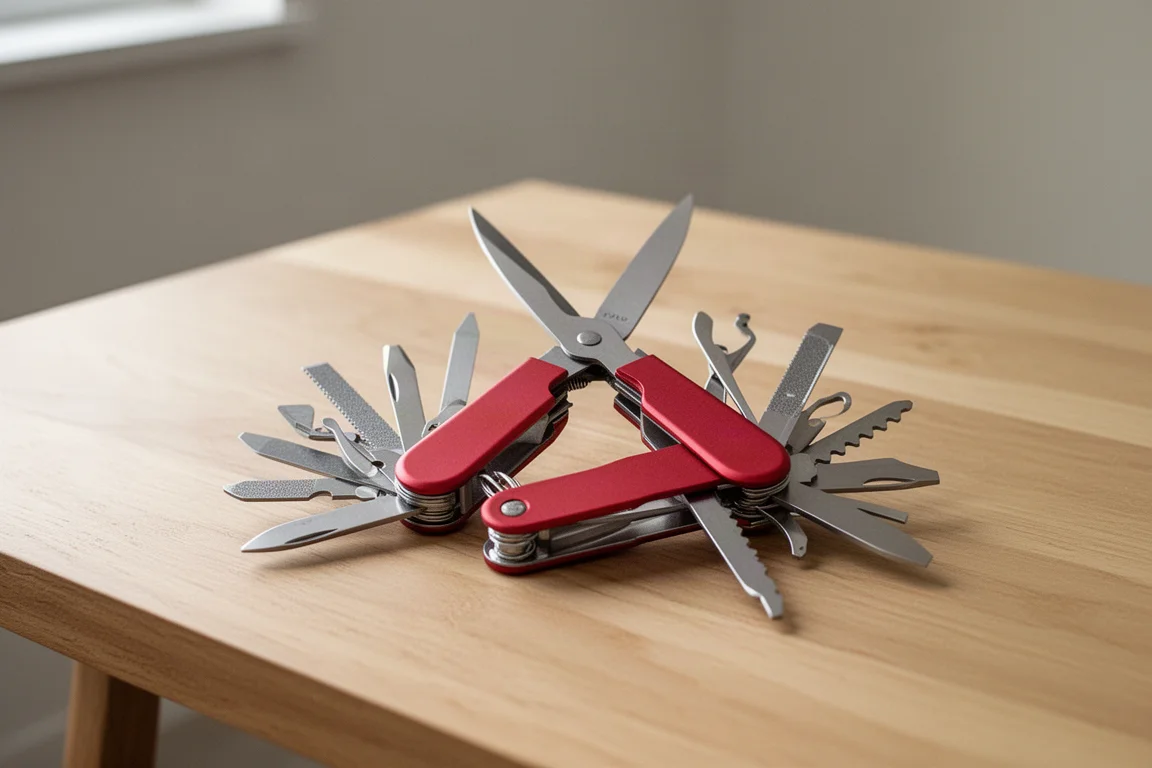 Mehrzweckmesser im Schweizer Stil mit geöffneter Schere auf einem Tisch