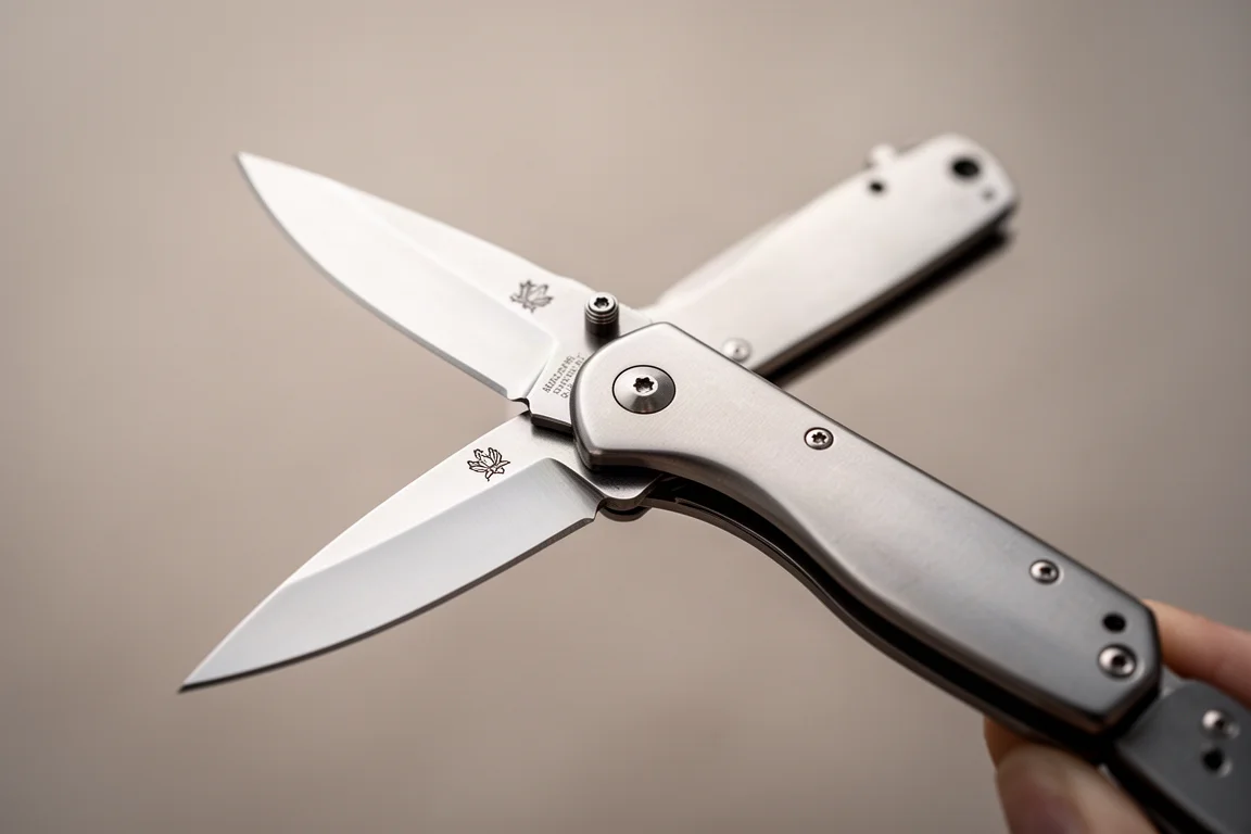 Klappmesser aus Edelstahl geöffnet in der Hand, mit sichtbarer Drop-Point-Klinge