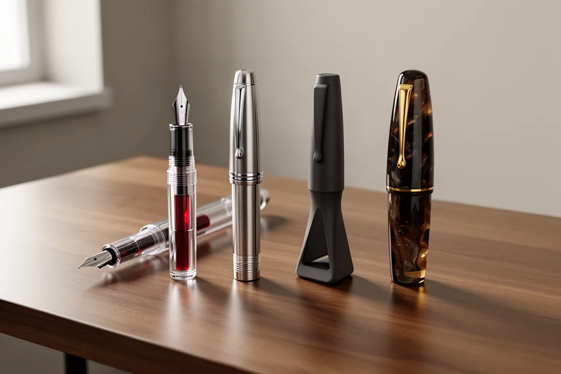 Four fountain pens in a row on a wooden desk, including a transparent demonstrator and a gold-nibbed resin pen