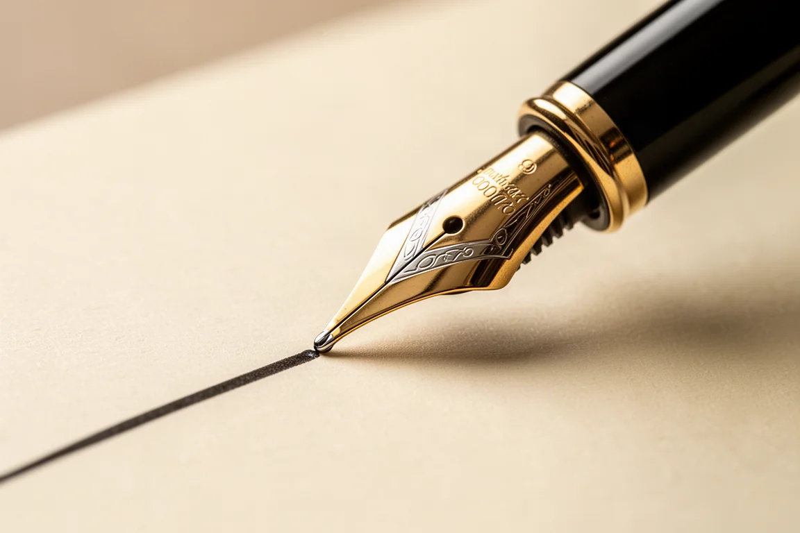 Fountain pen nib gliding across textured paper leaving a wet ink line
