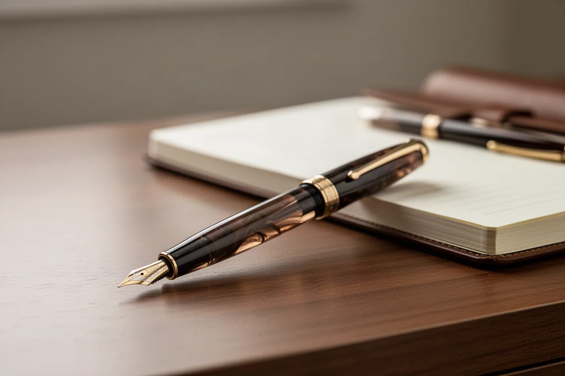 Deep translucent fountain pen resting on a wooden desk in window light