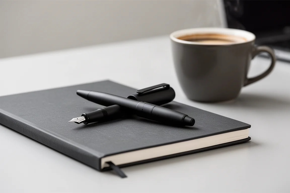 Retractable fountain pen beside a notebook on an office desk