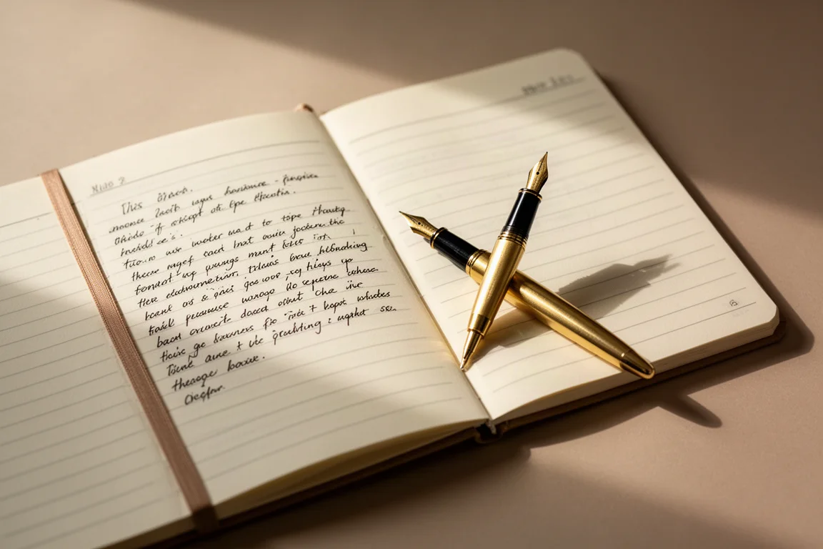 Open notebook with handwritten lines and a fountain pen resting nearby