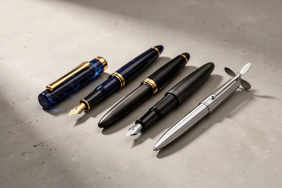 Row of elegant gold-nib fountain pens arranged on a matte concrete surface