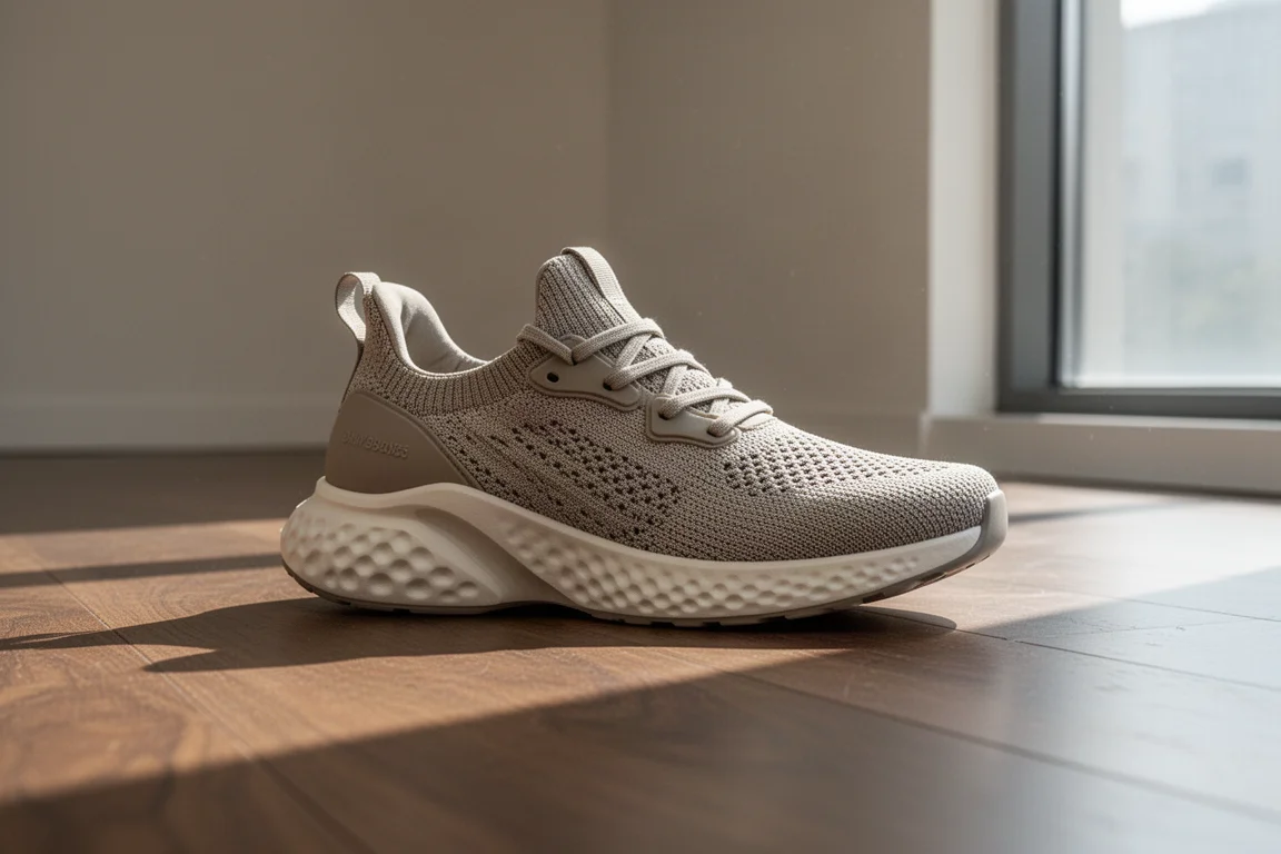 Daily trainer standing on a wooden floor in soft window light