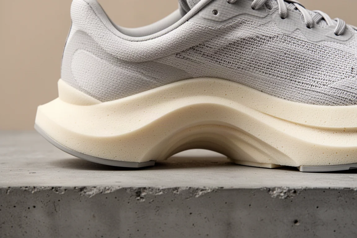 Racing shoe midsole close-up showing curved rocker shape
