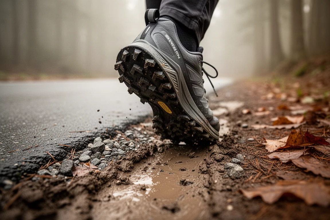 Trail shoe stepping onto a muddy forest path from a paved road edge