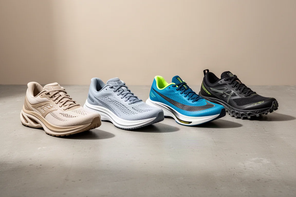 Four running shoes of different types arranged in a row on a concrete surface