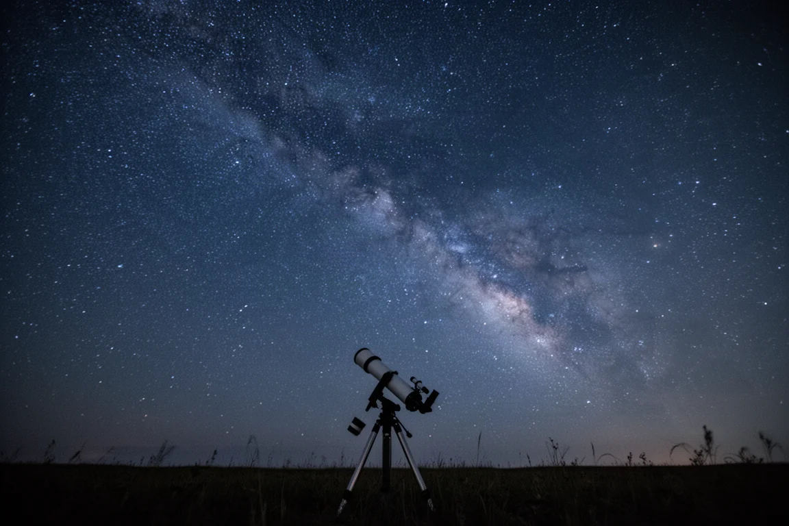 Sternenübersäter Nachthimmel über der Silhouette eines Teleskops im Vordergrund