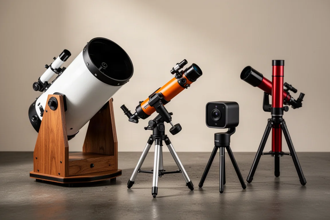 Four different telescopes lined up on a dark concrete studio surface