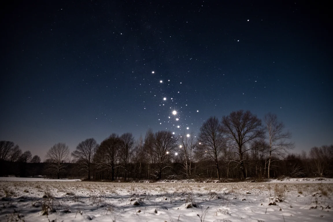 寧靜田野上空的冬季夜空,可見獵戶座星座的星星