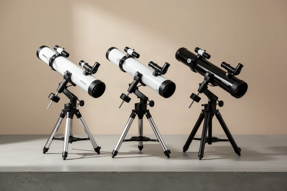 Three beginner refractor telescopes on tripods arranged on a concrete surface