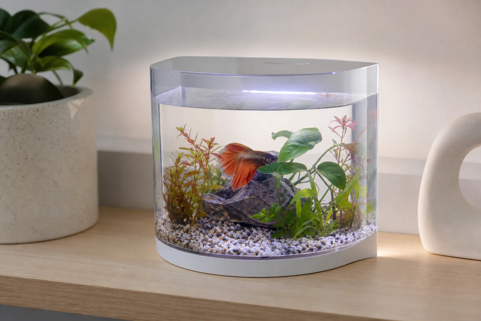 Litet böjt akvarium i akryl på ett skrivbord med LED-belysning