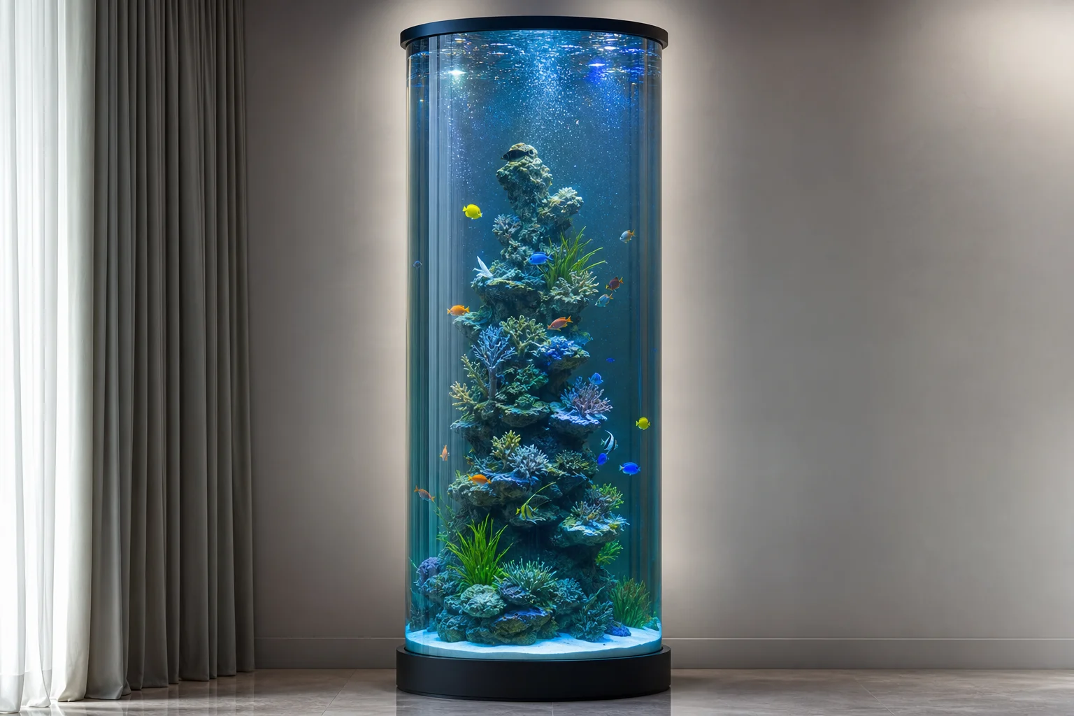 Vertikalt panoramaakvarium som visar vattenklarhet och LED-färger