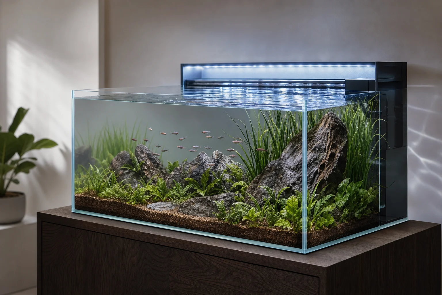 Ramlöst glasakvarium med integrerad filtrering och naturlig belysning