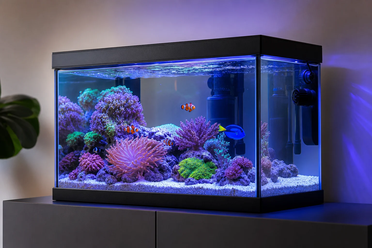 Funktionsakvarium med livfull LED-belysning och dekorativa element