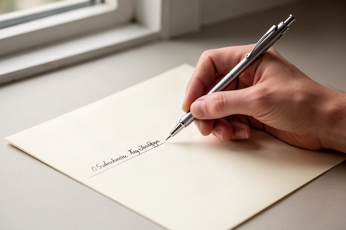 Een hand schrijft soepel op papier met een slanke vulpot in zacht daglicht