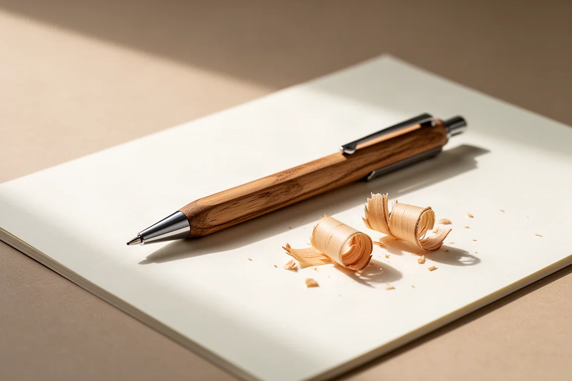 Houten vulpot met vers spanzaagsel op een lichte schrijfdesk