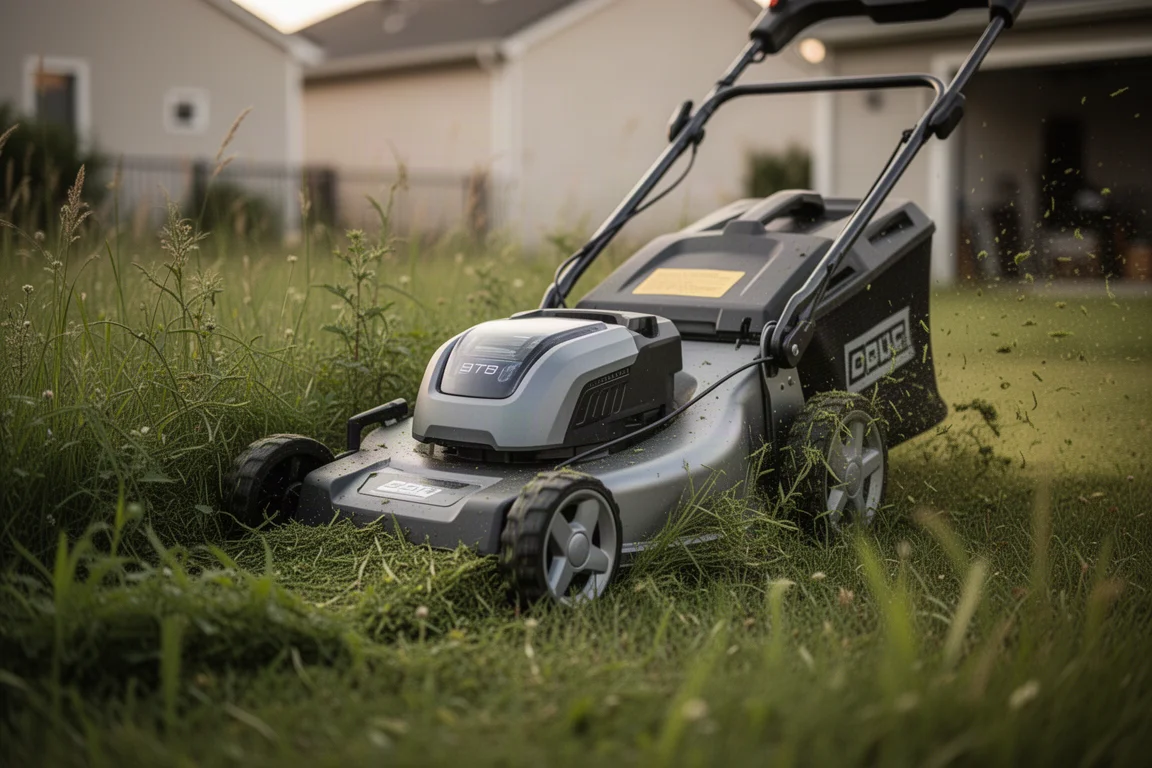 Battery lawn mower cutting dense overgrown grass in a residential yard