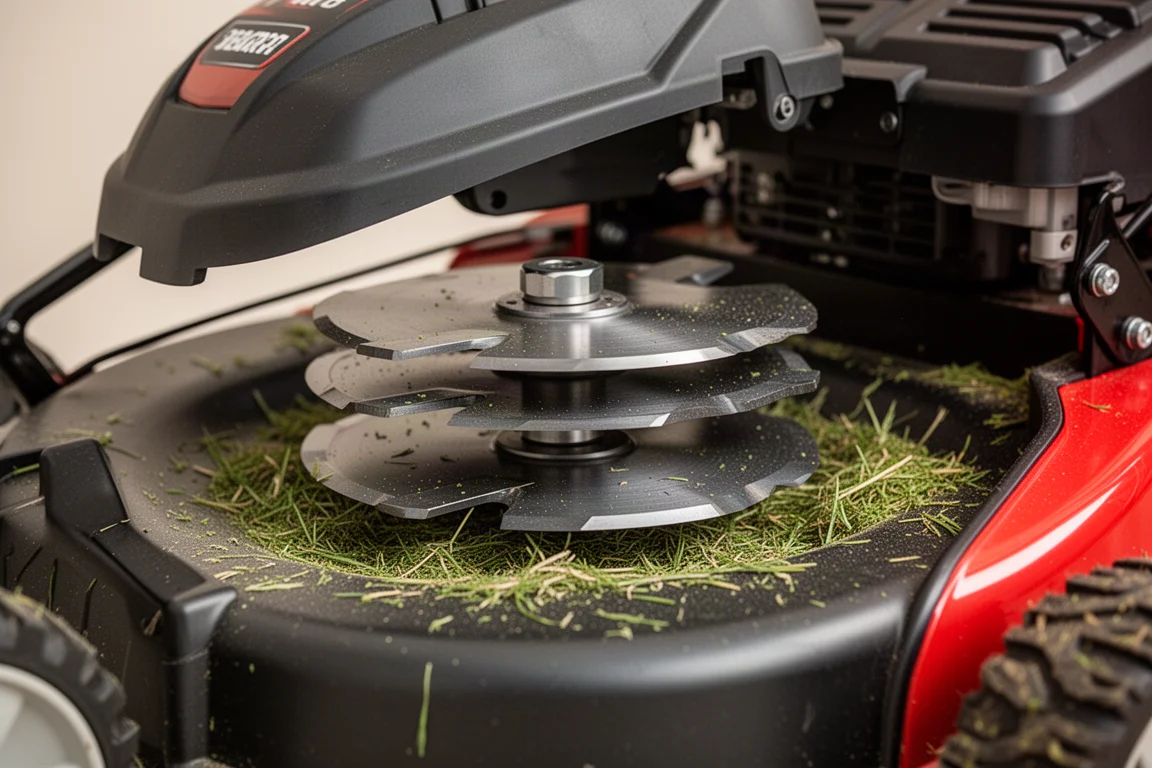 Close-up of a dual-blade cutting deck with grass clippings
