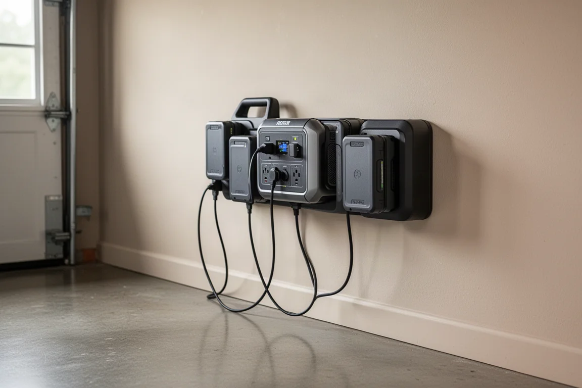 Lawn mower charging dock with batteries on a garage wall